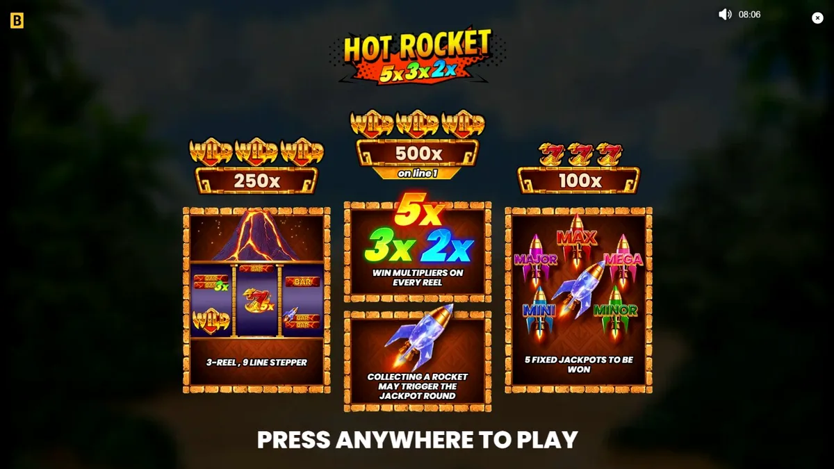 Hot Rocket 5x 3x 2x slot game interface na may temang bulkan at mga retro symbols.