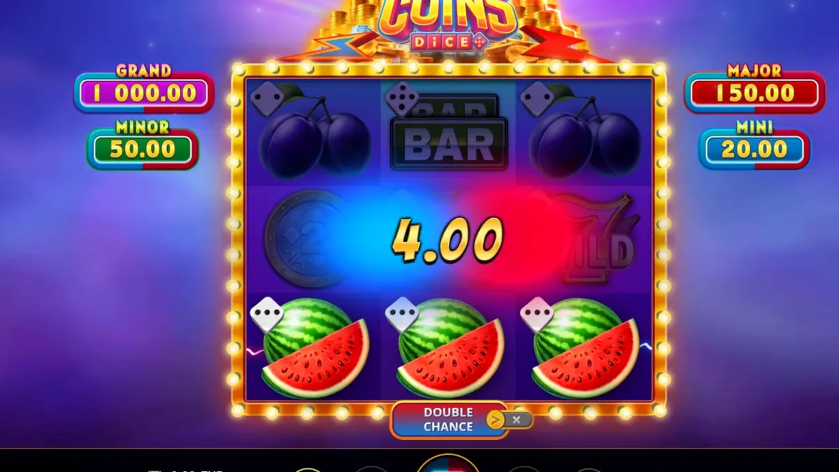 Magnetic Coins Dice slot machine interface na may mga kumikinang na barya at magnet symbols.