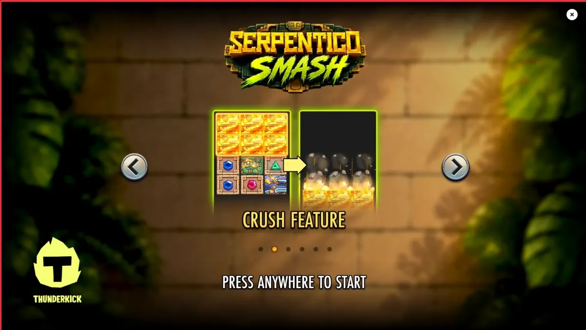 Serpentico Smash slot game interface na may temang Aztec jungle